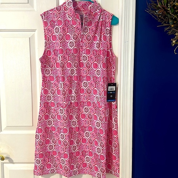 NWT Women’s IBKUL UPF50 Pink & White Sleeveless Mock Neck Golf Dress Size XL - Picture 3 of 8